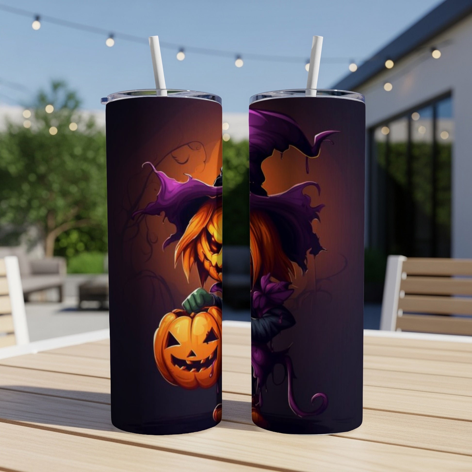 Two tumblers with a spooky jack-o'-lantern character in a witch hat.