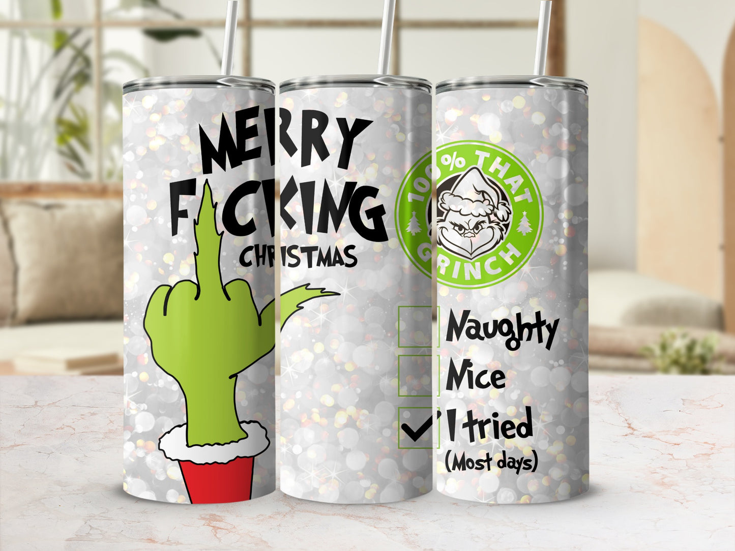 "Merry Fucking Christmas" Grinch tumbler with naughty and nice list.