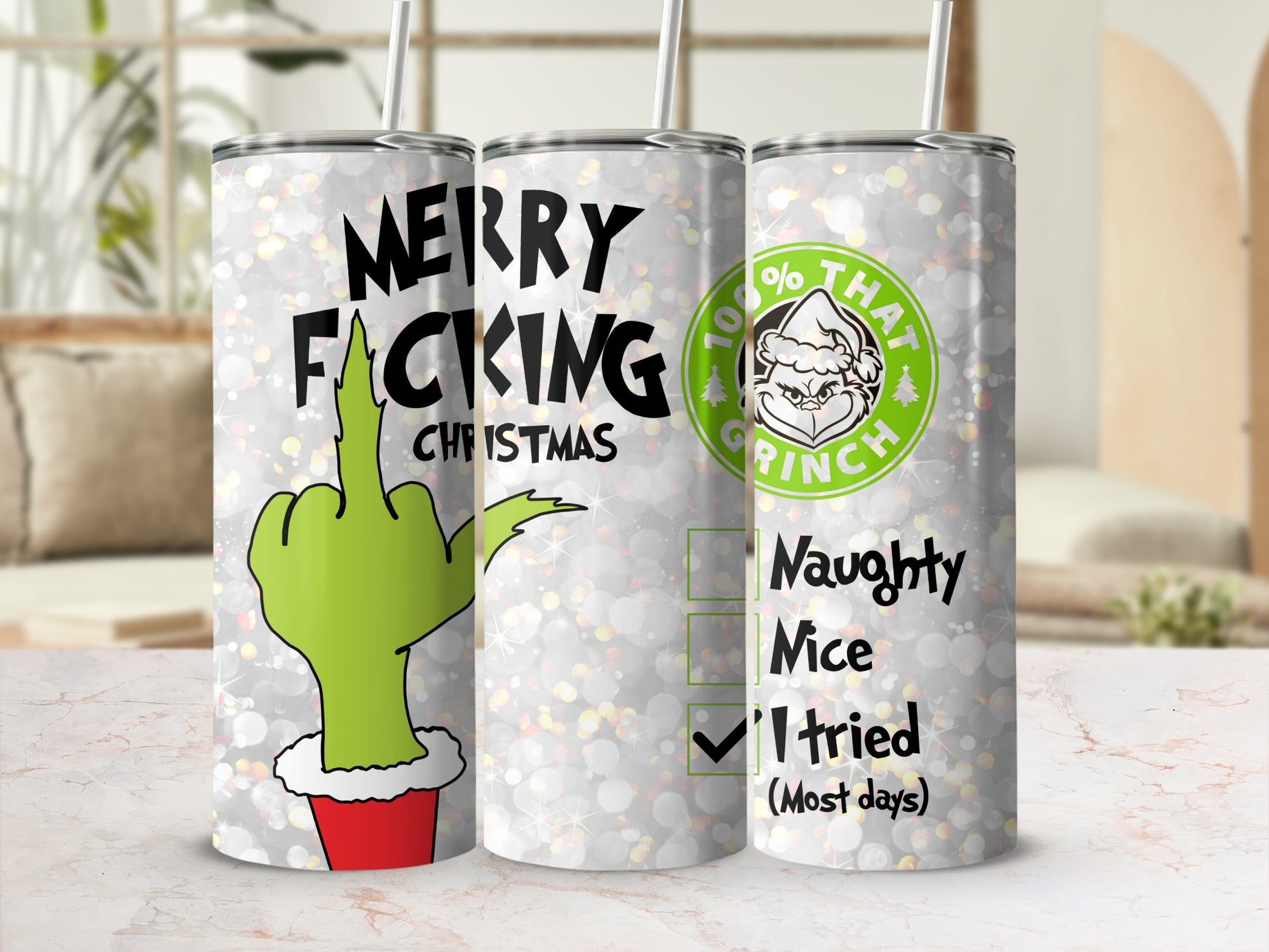 "Merry Fucking Christmas" Grinch tumbler with naughty and nice list.