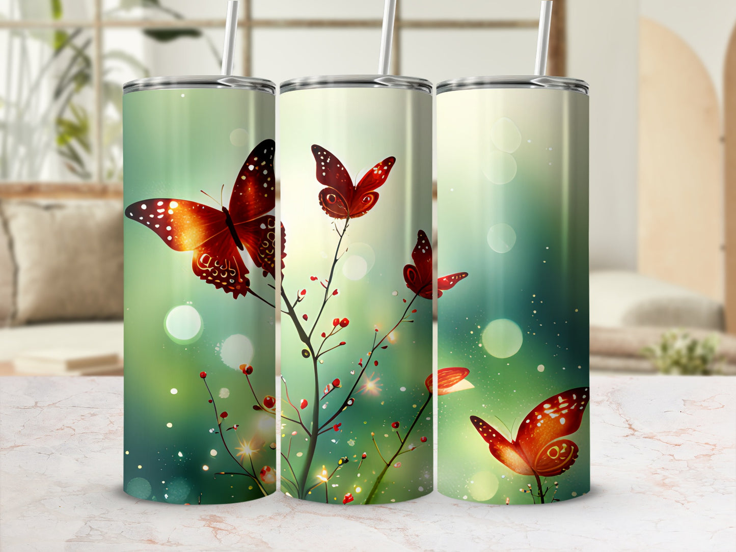 Three tumblers with red butterflies and bokeh lights on a mottled surface.