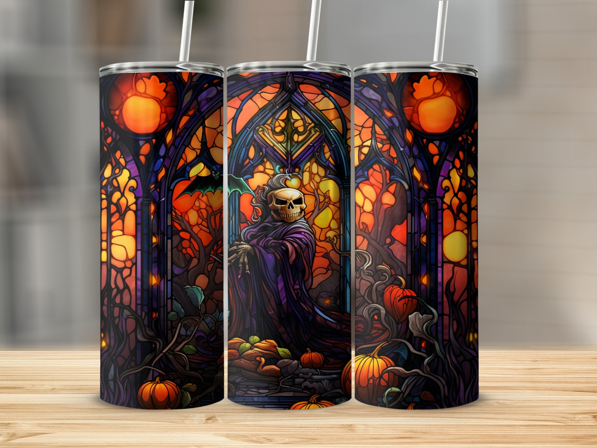 Triptych of stained glass pumpkins and a robed skeleton figure with bat accents.