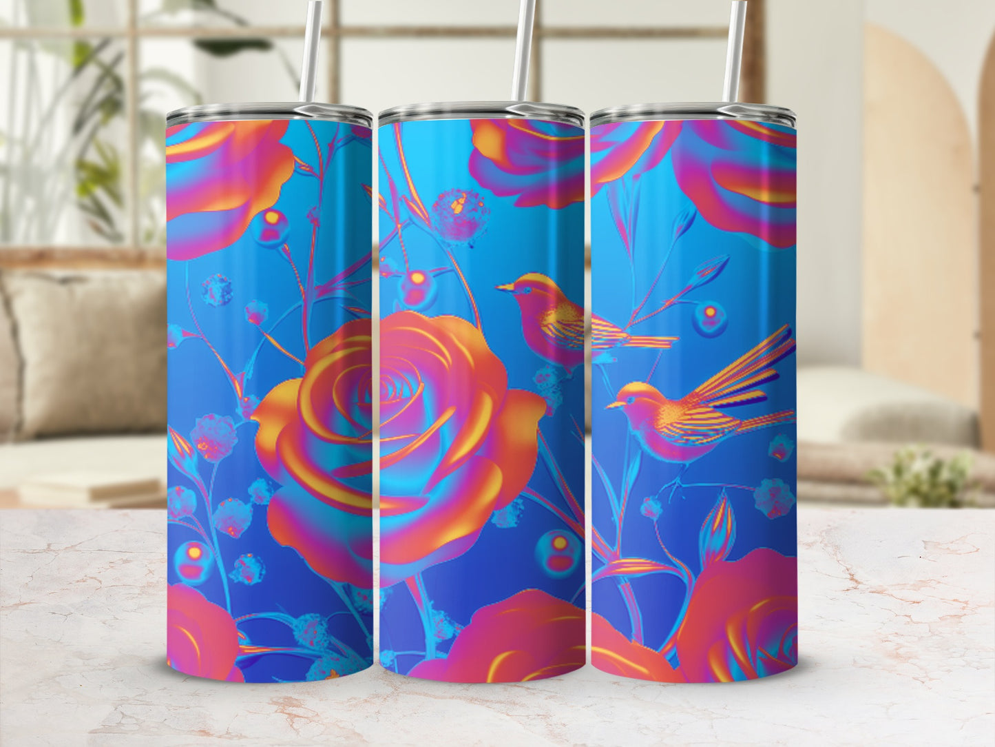 Triptych of tumblers with blue background, pink and orange roses, and birds.