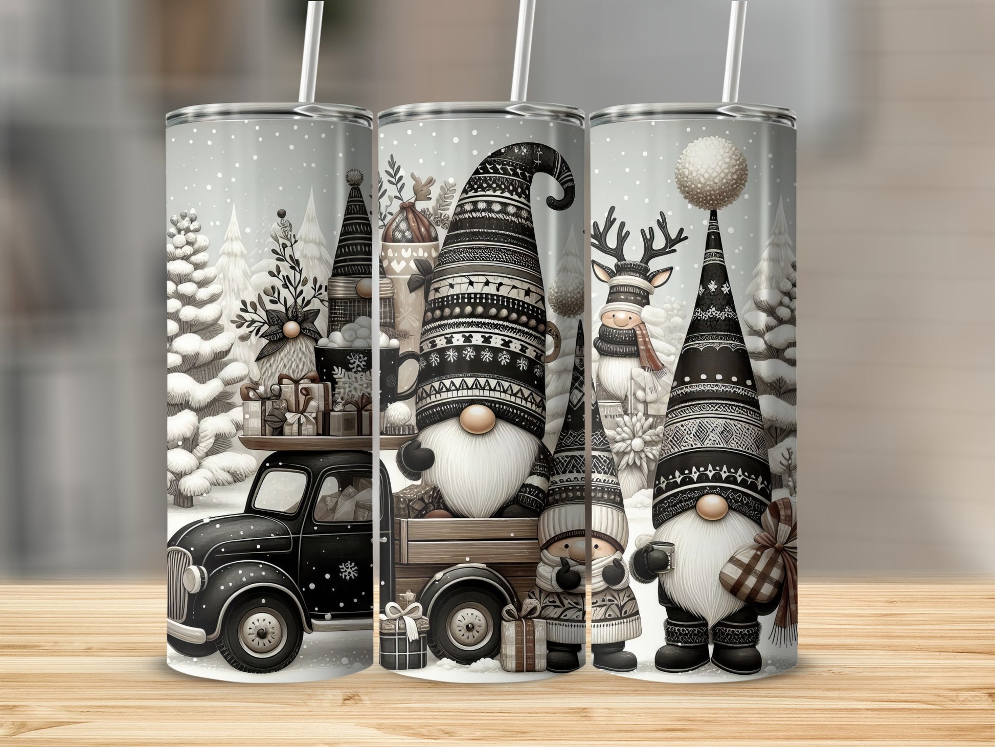 Three festive gnomes and a truck with gifts in a snowy woodland scene.