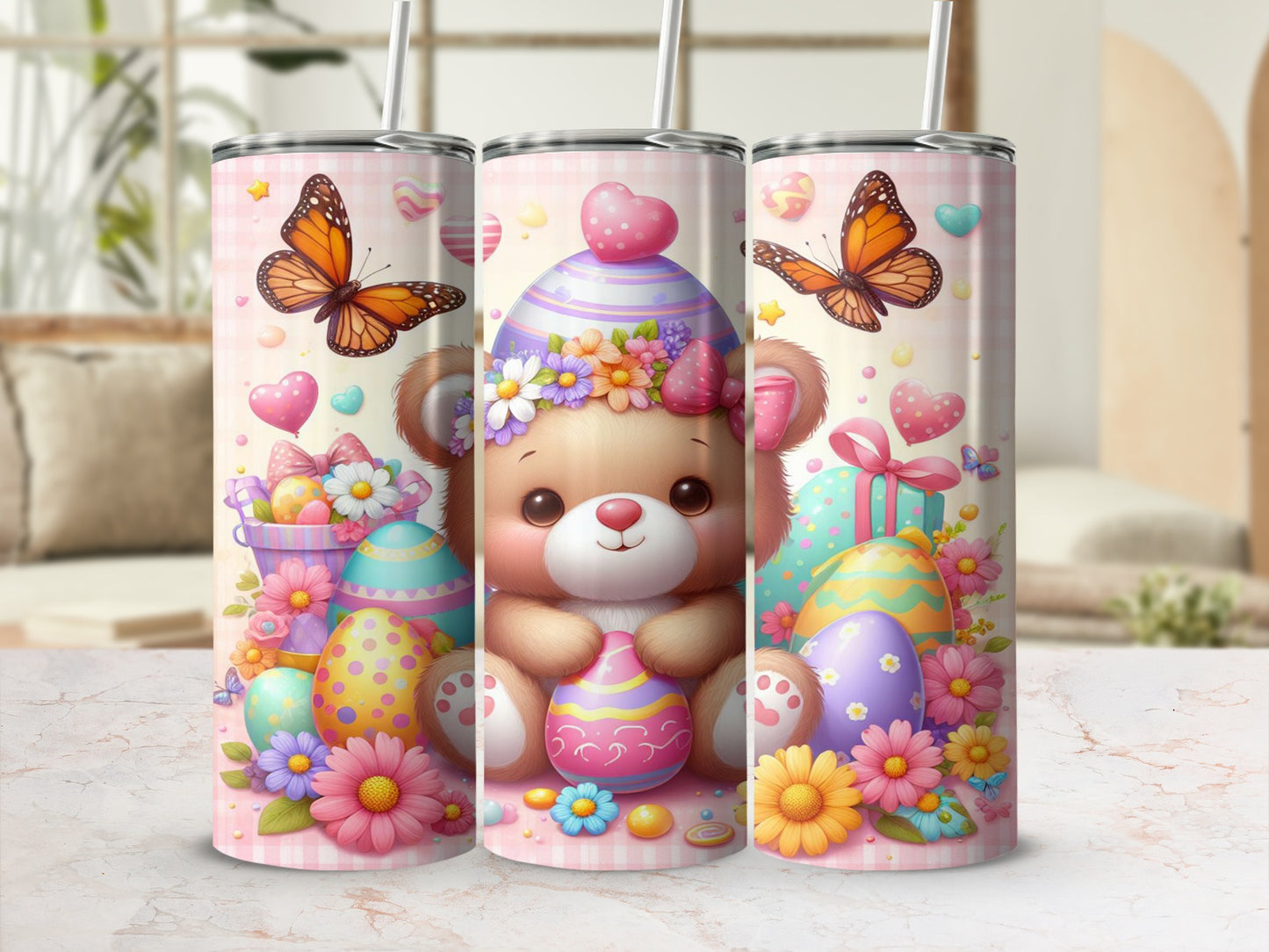 Teddy bear with Easter eggs and butterflies, pink gingham background.