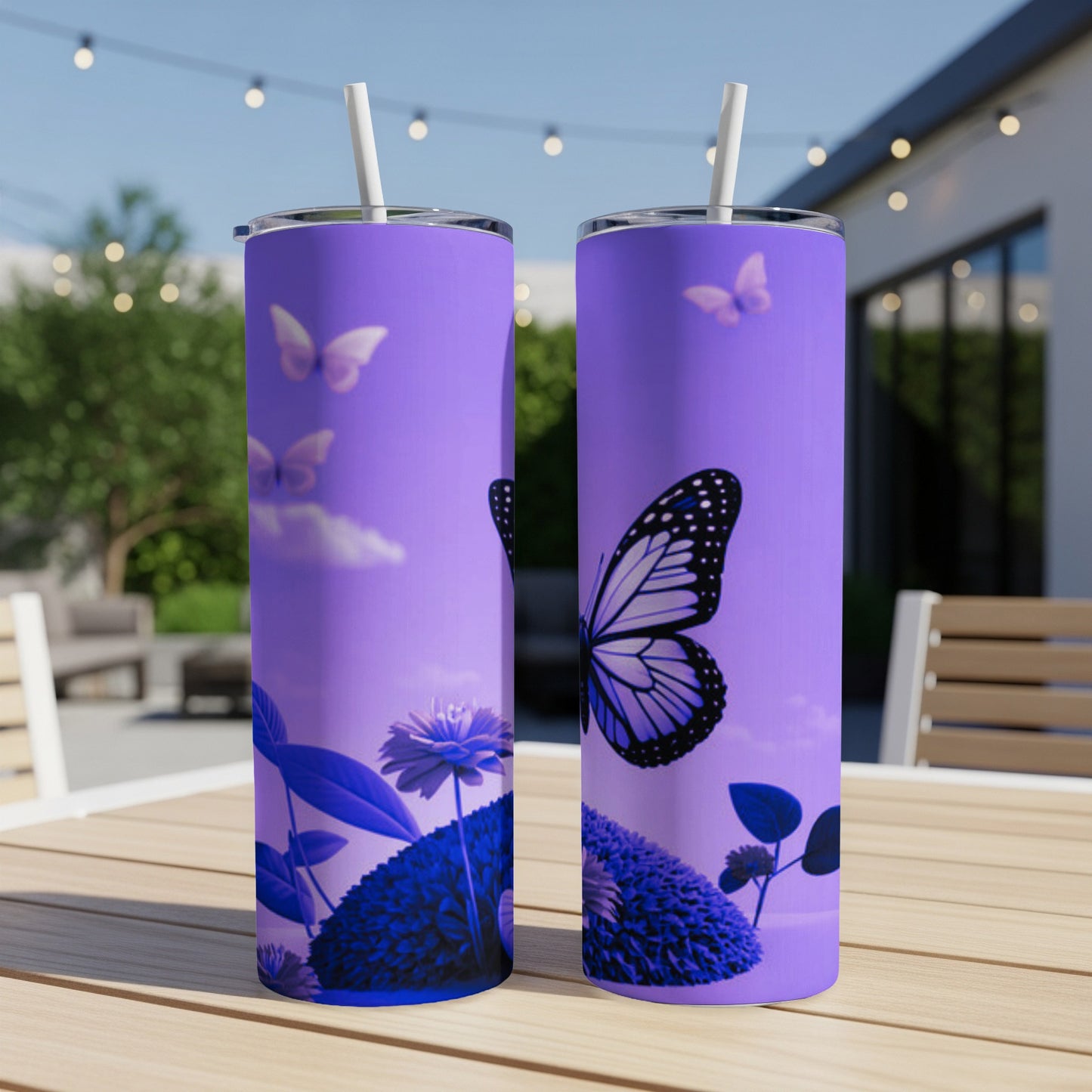 Purple tumbler with white butterfly and floral designs.