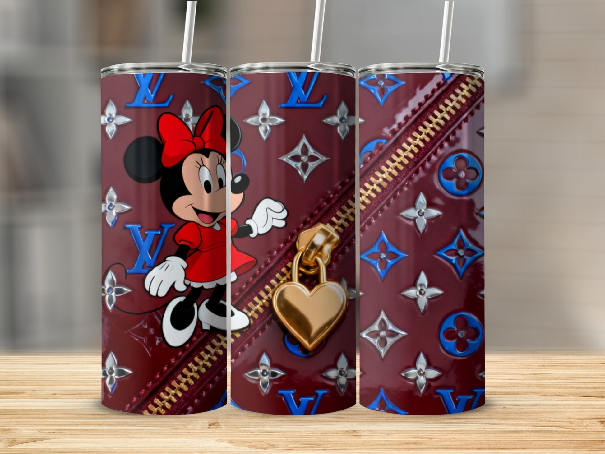 Minnie Mouse and LV pattern on burgundy tumbler with gold heart zipper charm.