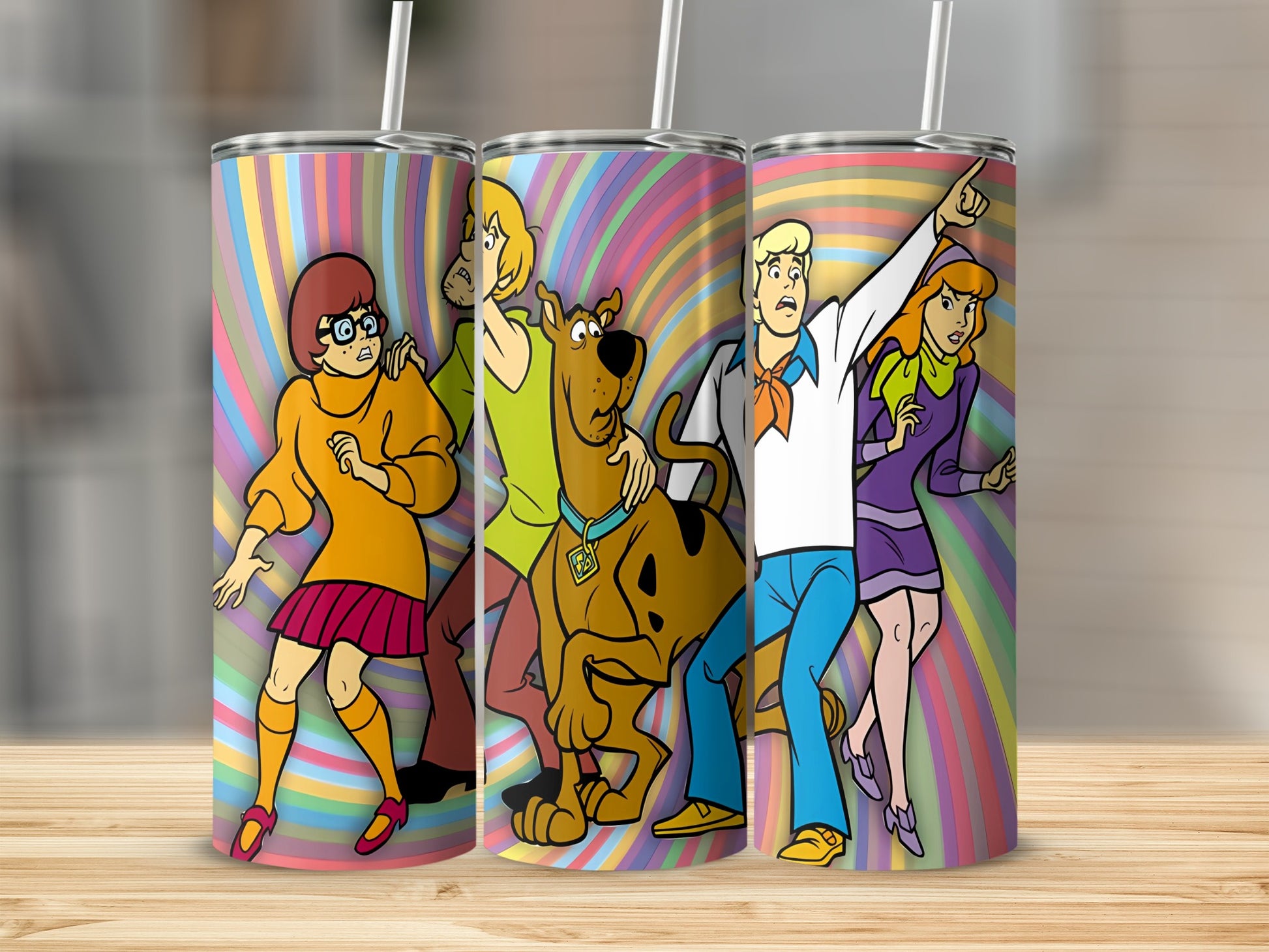 Scooby-Doo gang and Scooby-Doo on a colorful striped background.