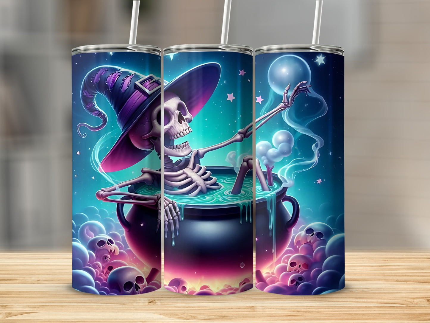 Skeleton in witch hat relaxing in cauldron surrounded by skulls and bubbles.
