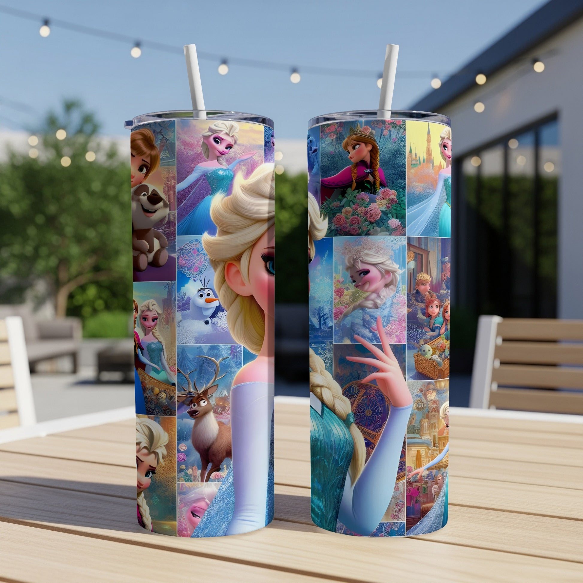 Collage of Frozen characters and scenes on a tall, cylindrical tumbler.