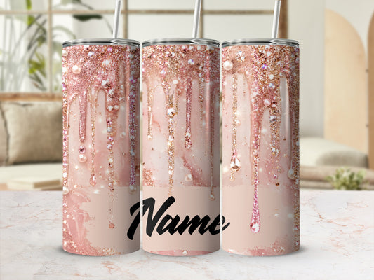 Three tumblers with a rose gold glitter drip design and the word "Name"