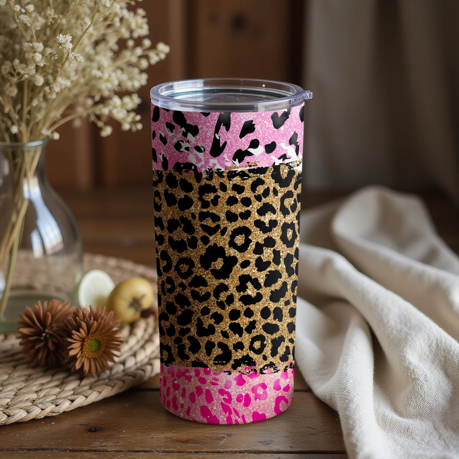 Stylish Pink and Gold Leopard Print Tumbler Cup