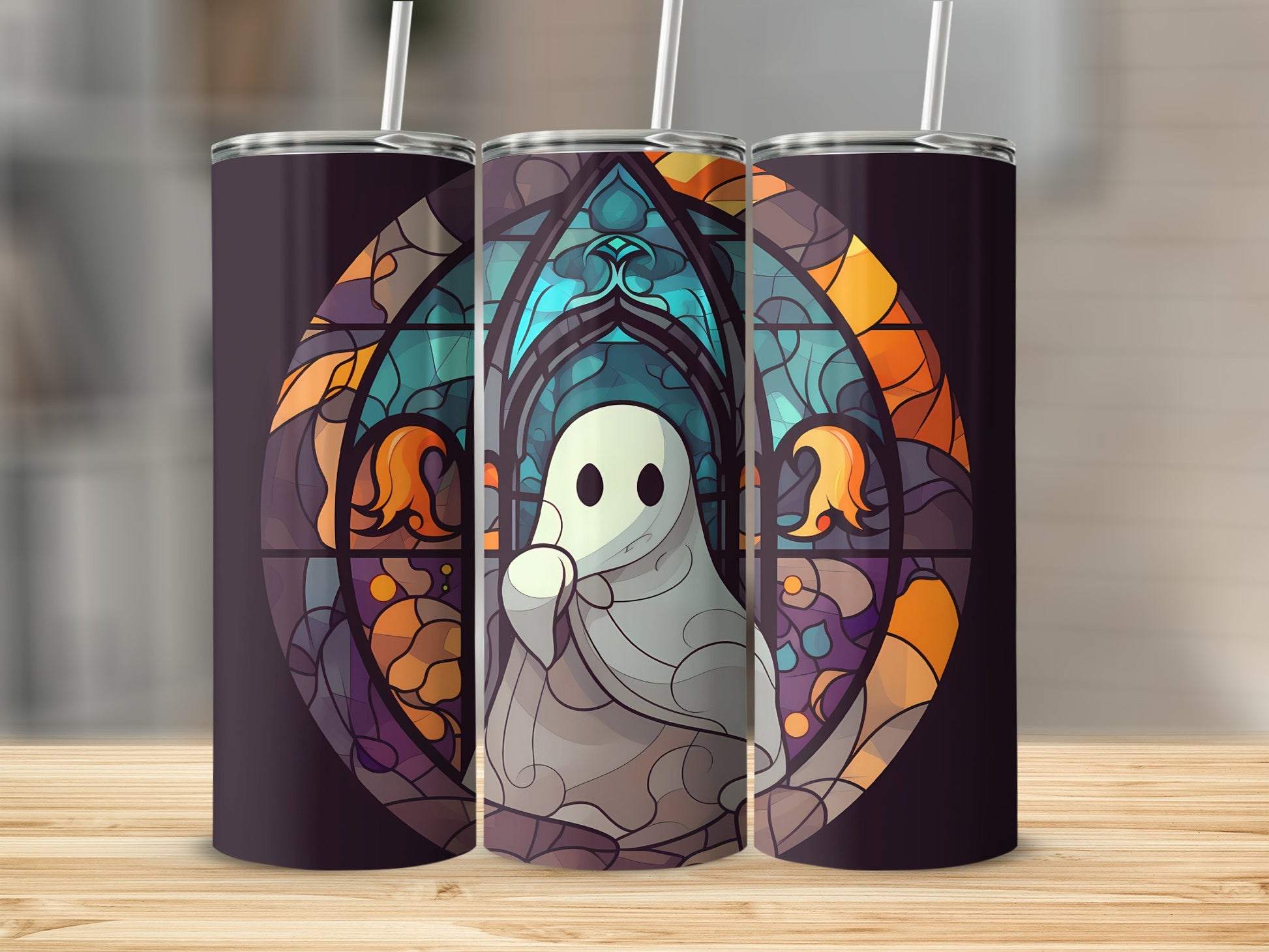 Ghost and stained glass window Halloween design on a tumbler.