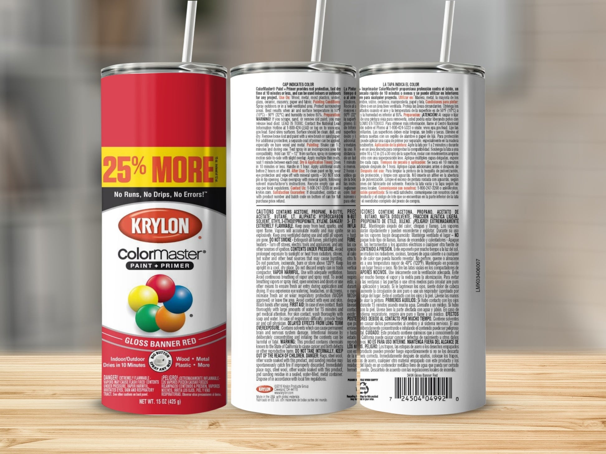 Krylon Colormaster Gloss Banner Red spray paint can with text details.