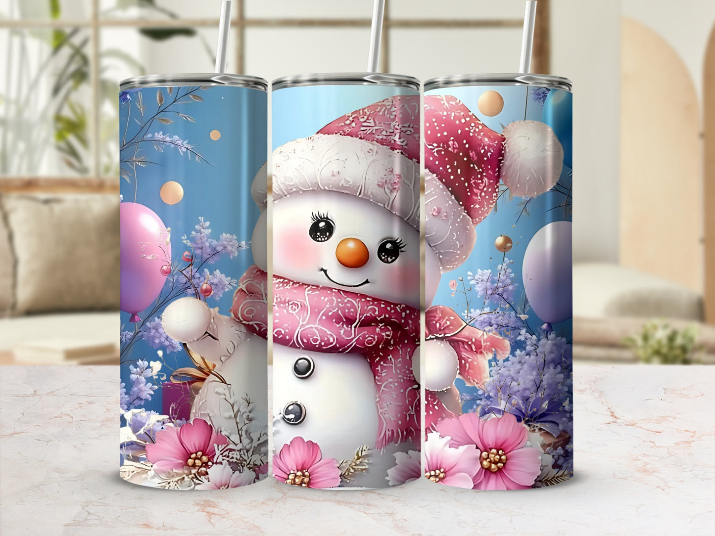 Cute Frosty Snowman with Floral and Balloon Tumbler