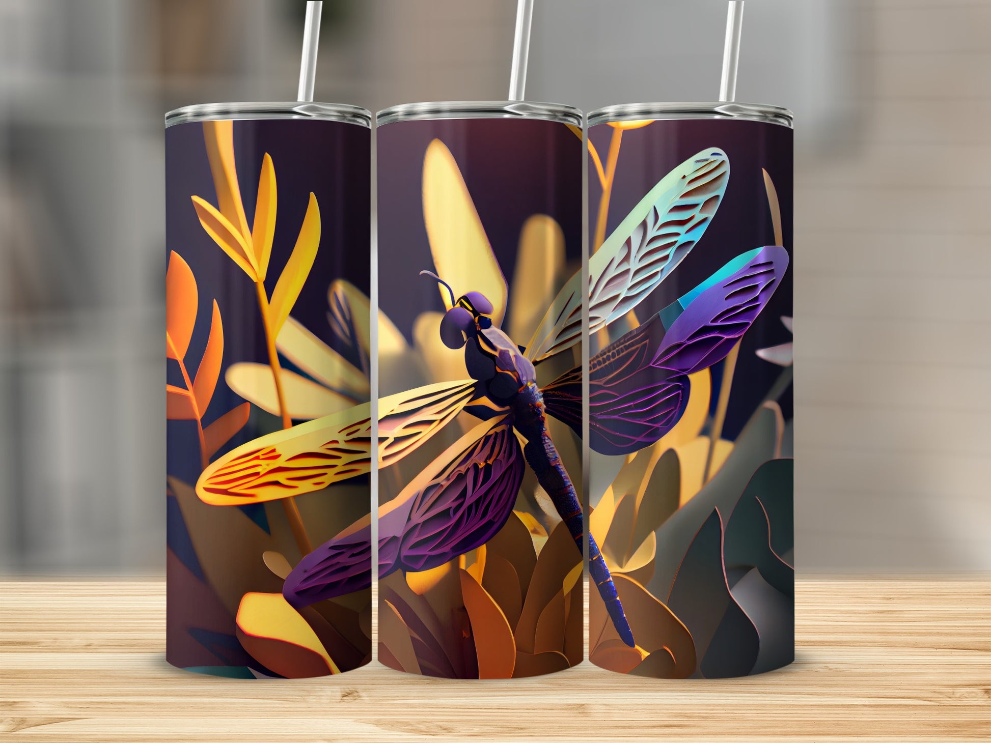 Colorful Dragonfly with Floral Design Tumbler Product