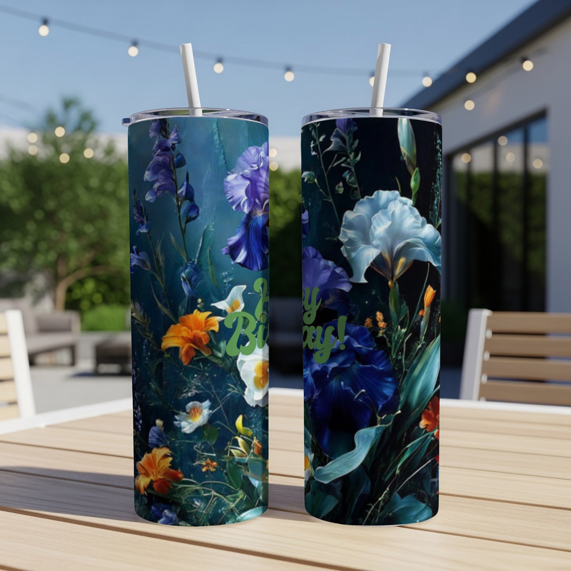 Two tall tumblers with floral patterns and "Happy Birthday!" text.
