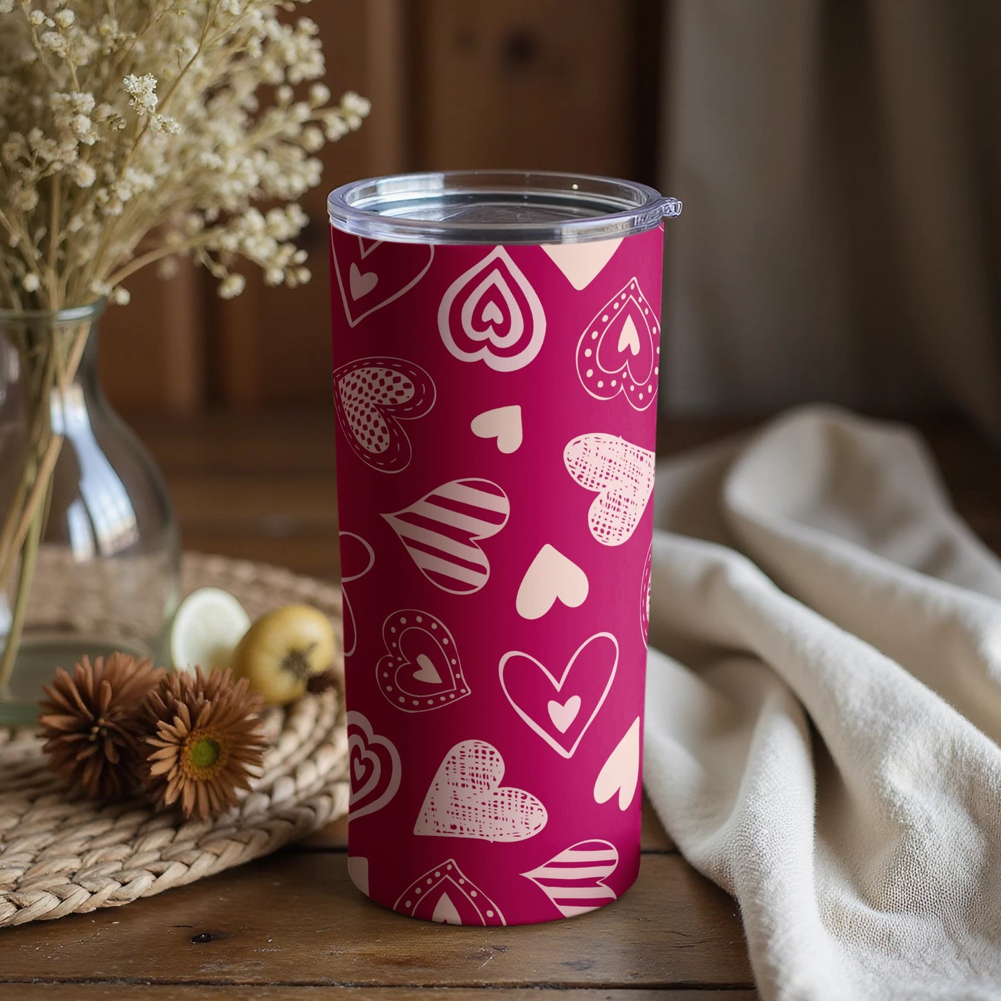 Heart Themed Pink Tumbler with Lid Valentine's Gift