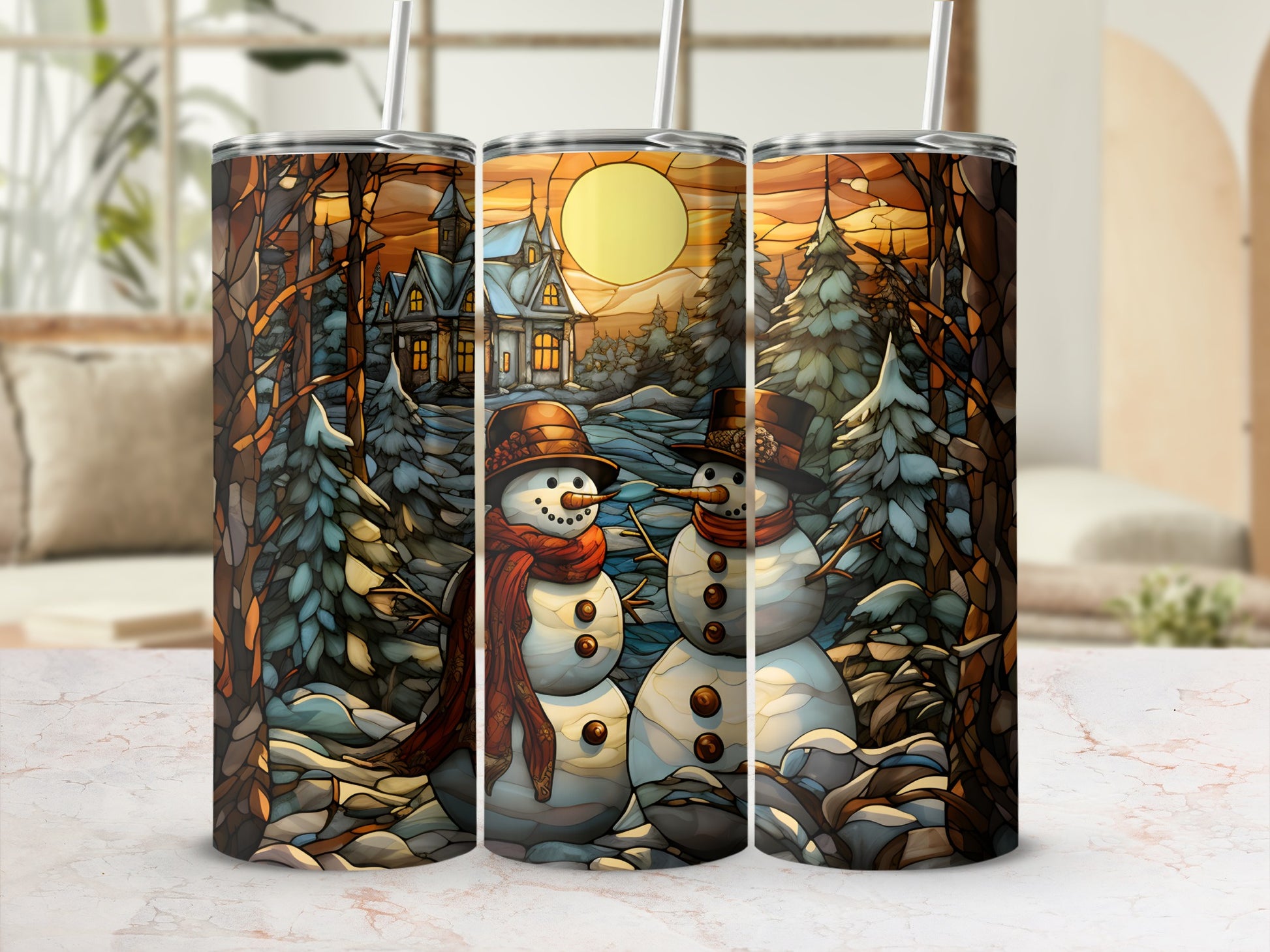 Two snowmen in hats and scarves with a winter village scene.