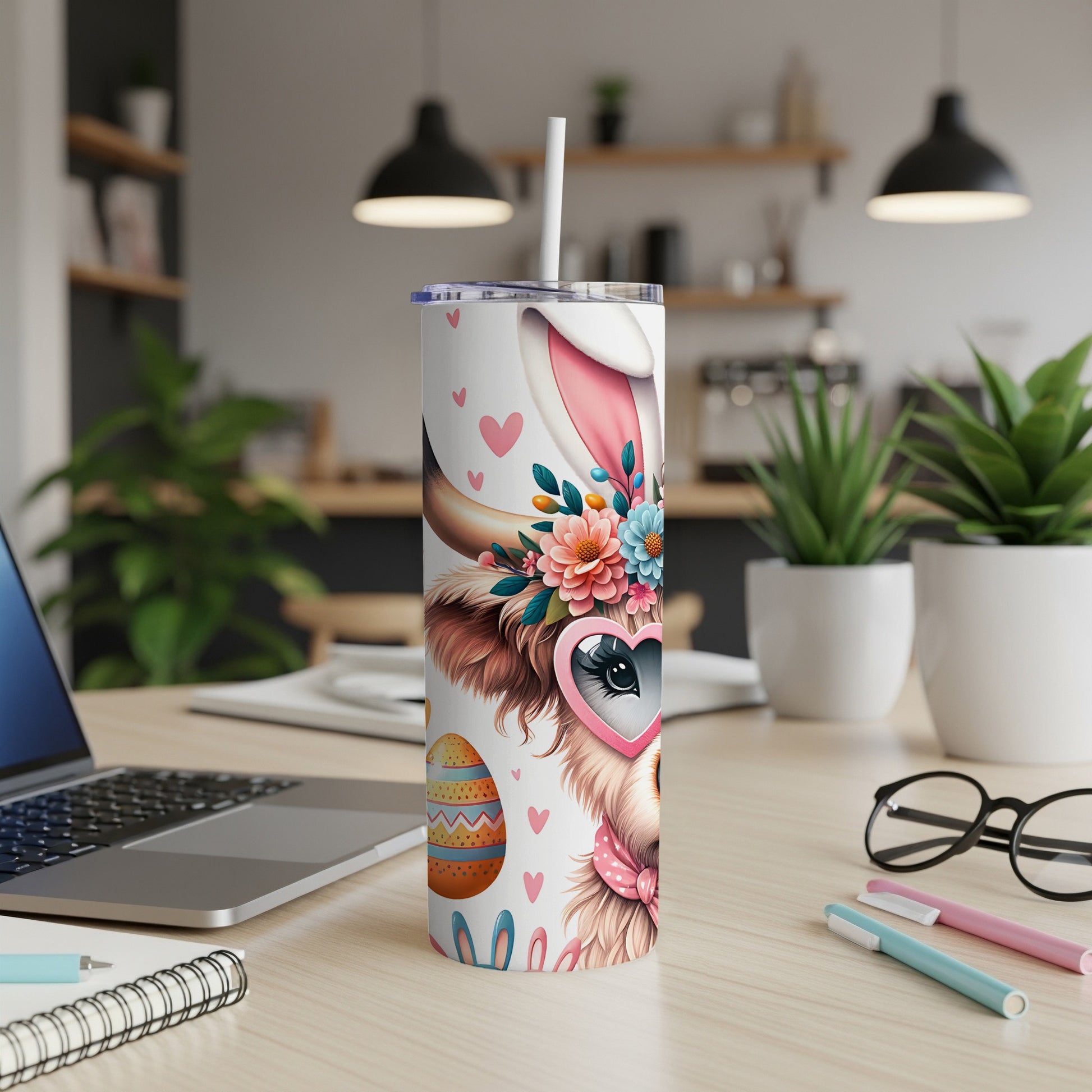 Easter bunny tumbler with hearts and floral accents.