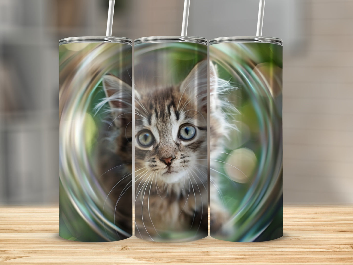 Tabby kitten with wide blue eyes peeks through a glass effect on three tumblers.