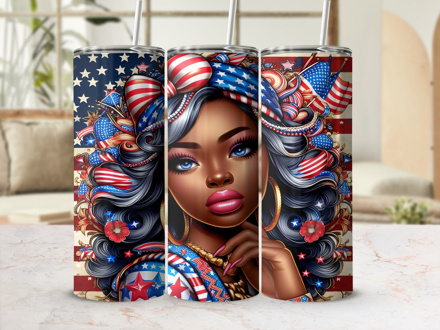 Woman with patriotic hairstyle and makeup, stars and stripes design.