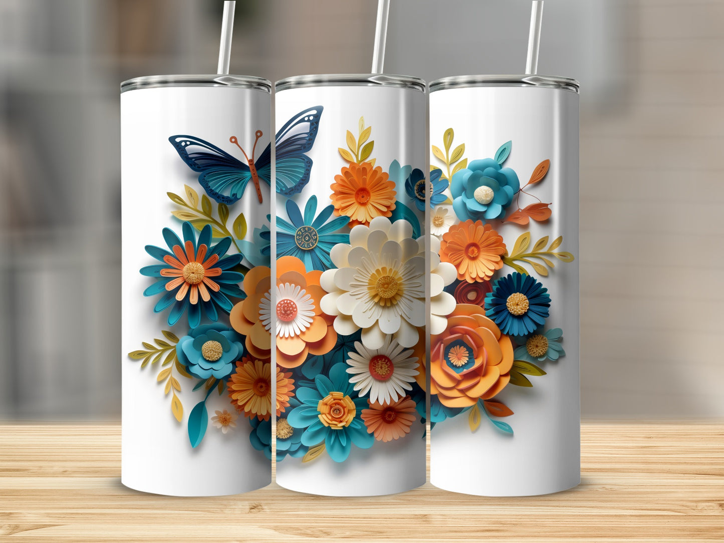 Colorful Floral Design with Butterfly Tumbler