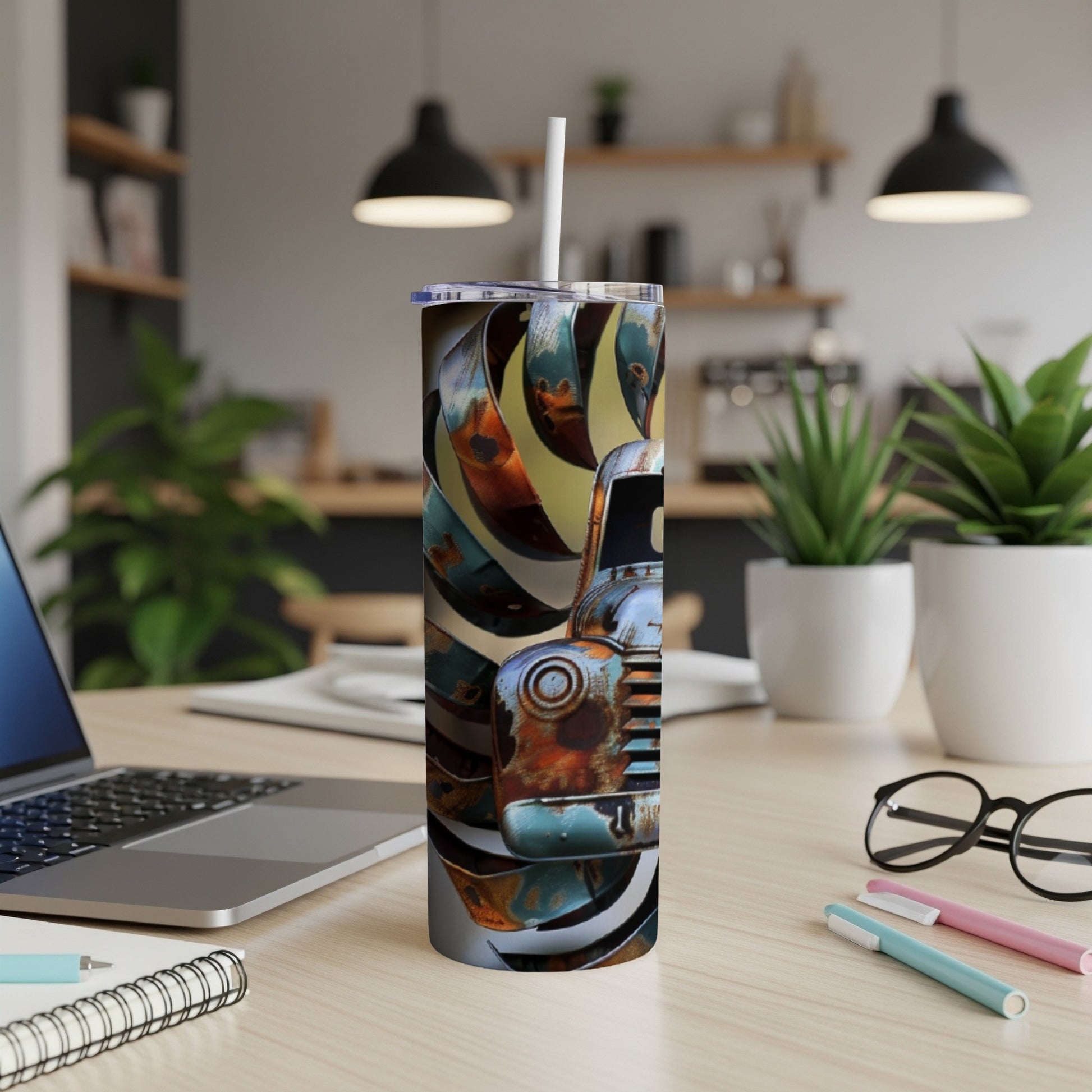 Rustic truck art on a stainless steel tumbler with straw.
