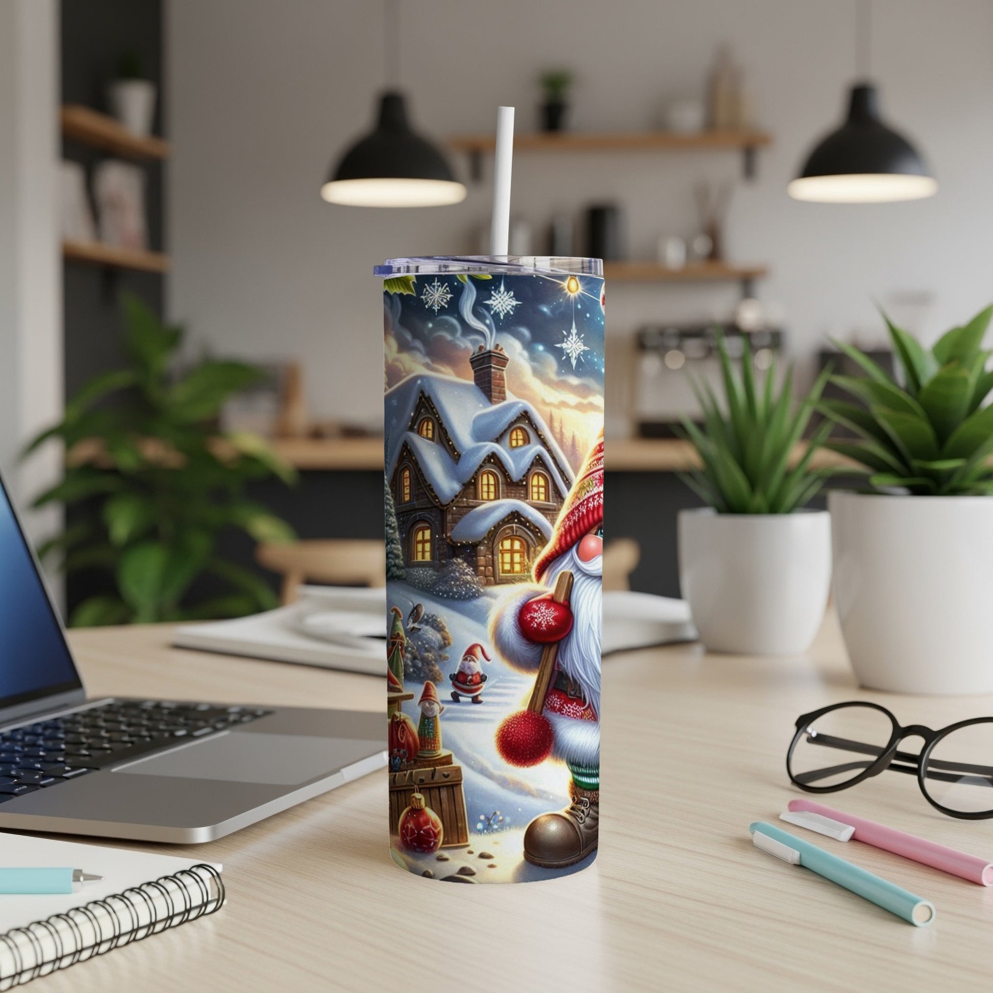 Santa Claus and gnome design on a white tumbler with a straw.