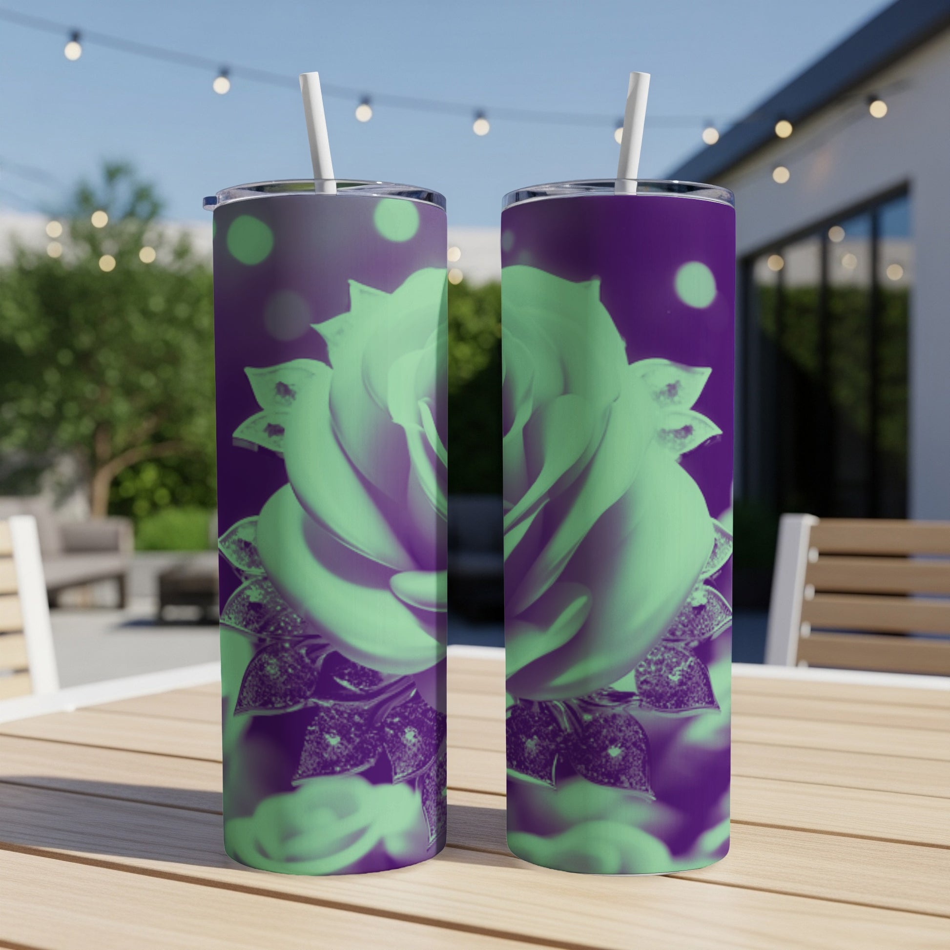 Purple and green rose design on two travel tumblers with straws.
