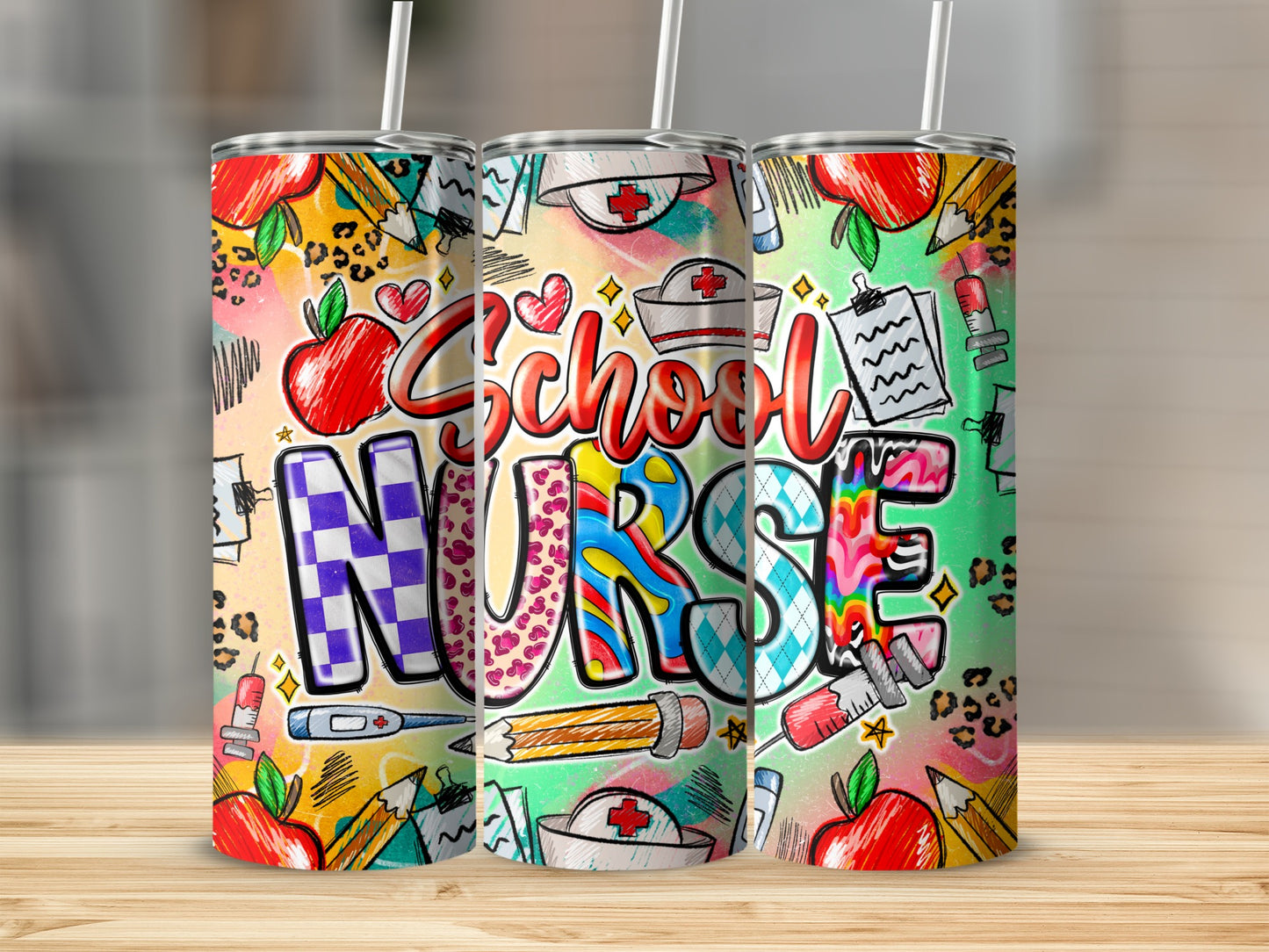 Three tumblers with "School Nurse" text and colorful school and medical illustrations.