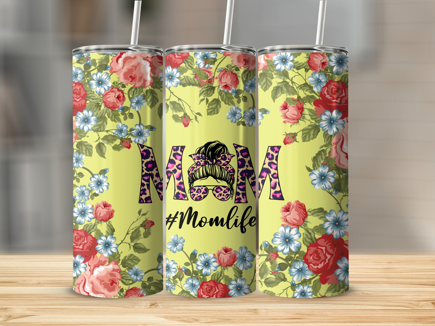 Floral Yellow #Momlife Tumbler with Straw 20oz