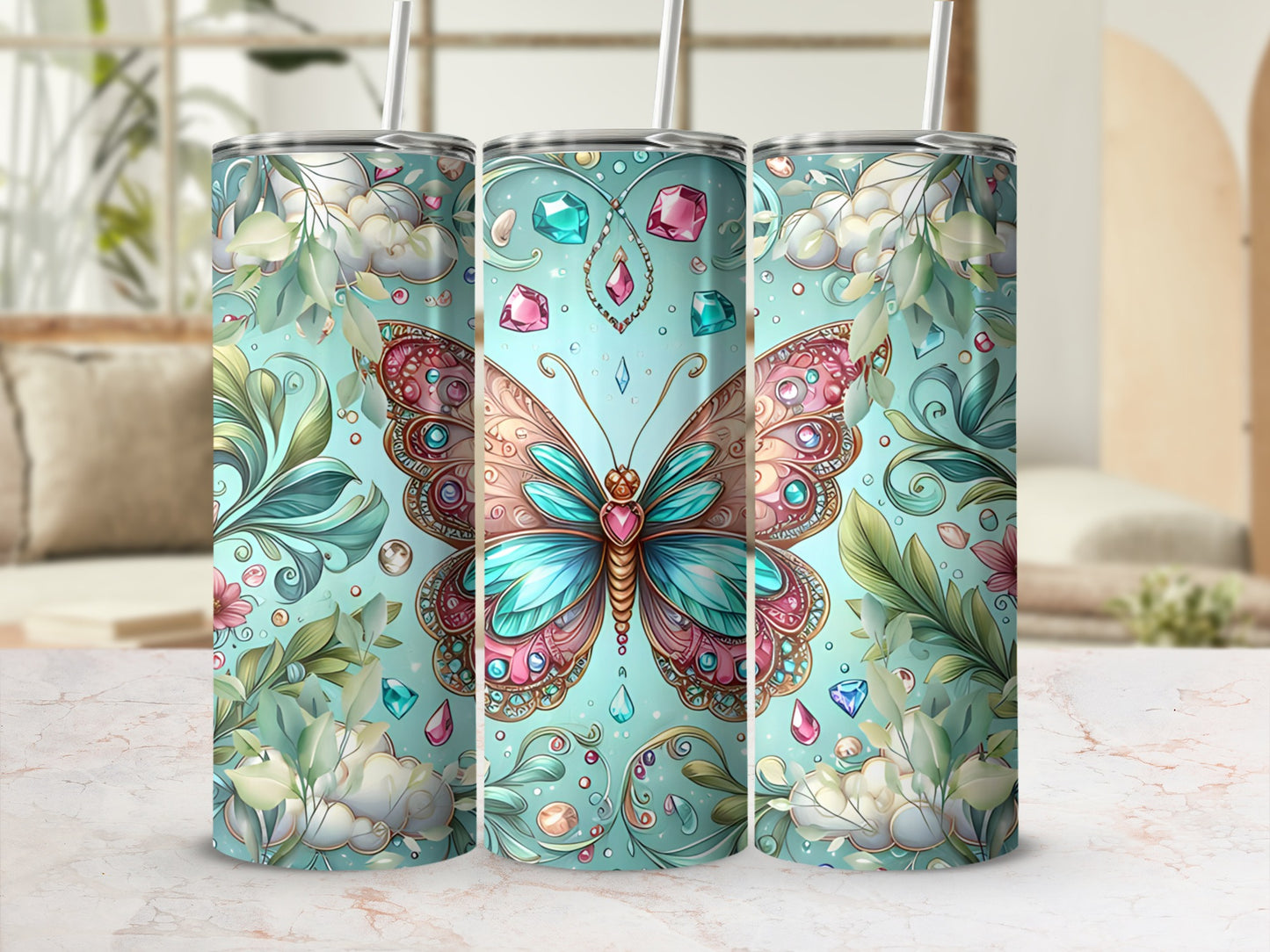 Tall tumbler with butterfly and jewel design on pastel floral background.