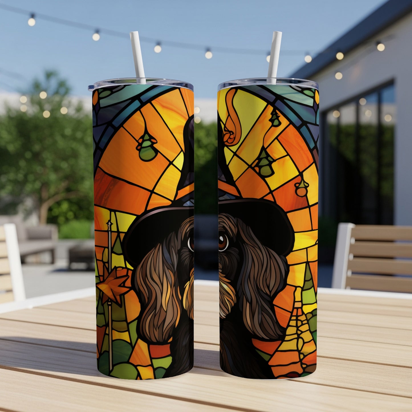 Two tumblers with a stained-glass dog in a witch hat illustration.