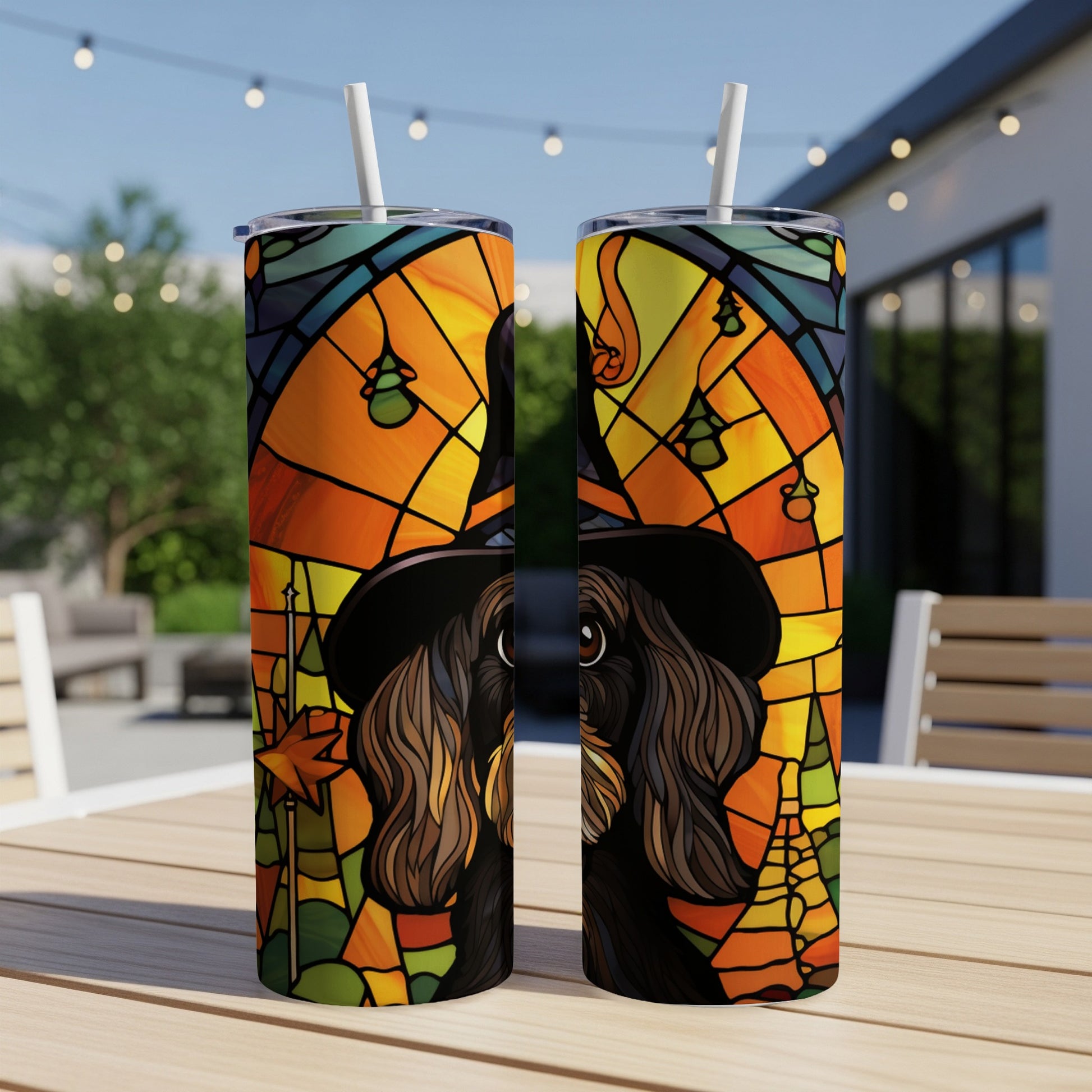 Two tumblers with a stained-glass dog in a witch hat illustration.