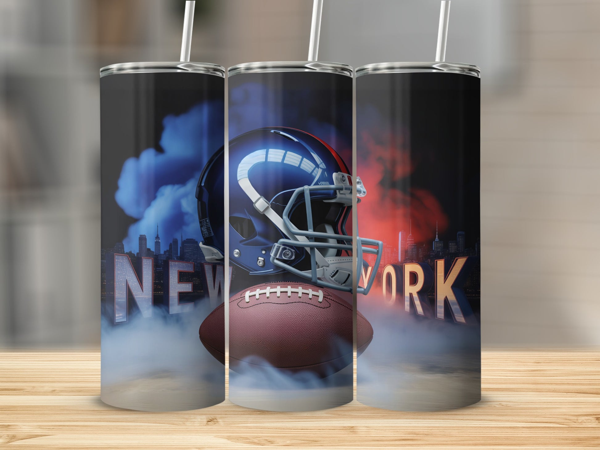 Football helmet and ball with "NEW YORK" text and smoky cityscape.