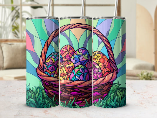 Easter basket filled with colorful, stained-glass style eggs on green grass.