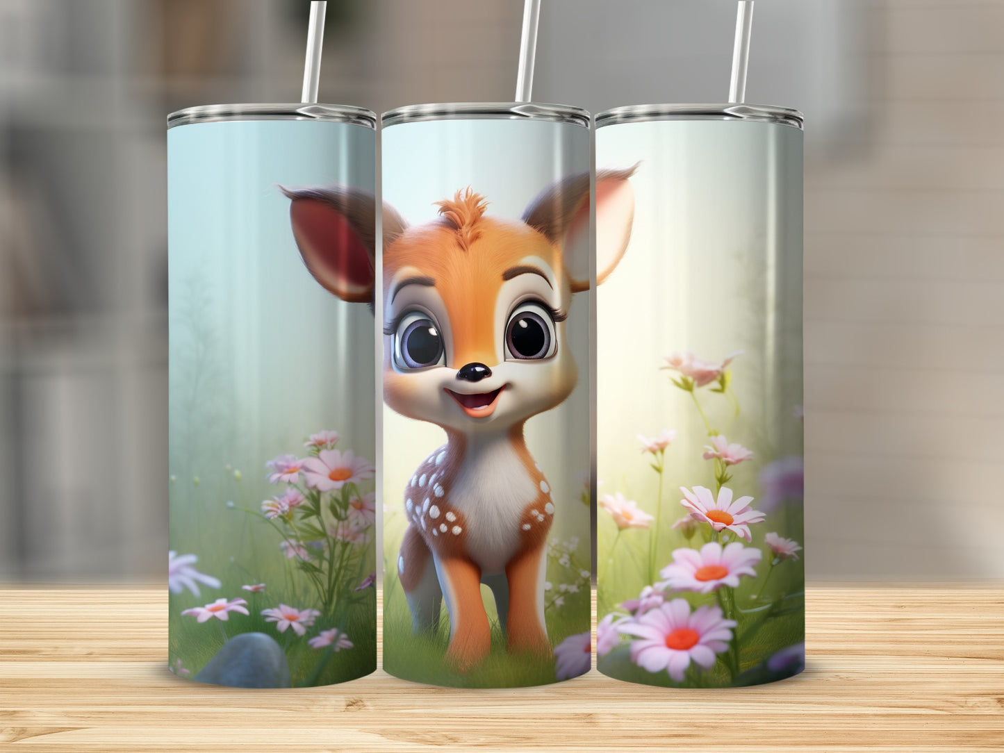 Cute Baby Deer Among Flowers Design Tumbler