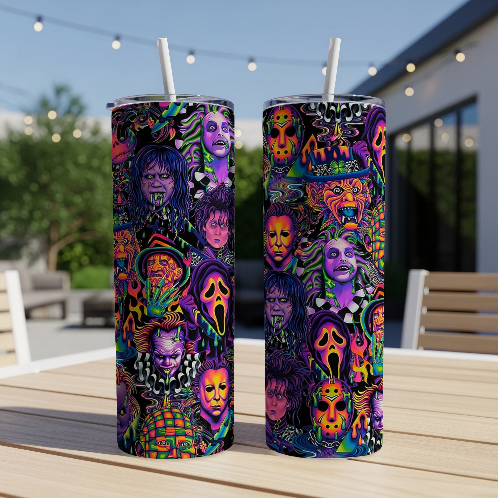 Two tumblers with a vibrant, chaotic collage of horror movie characters and symbols.
