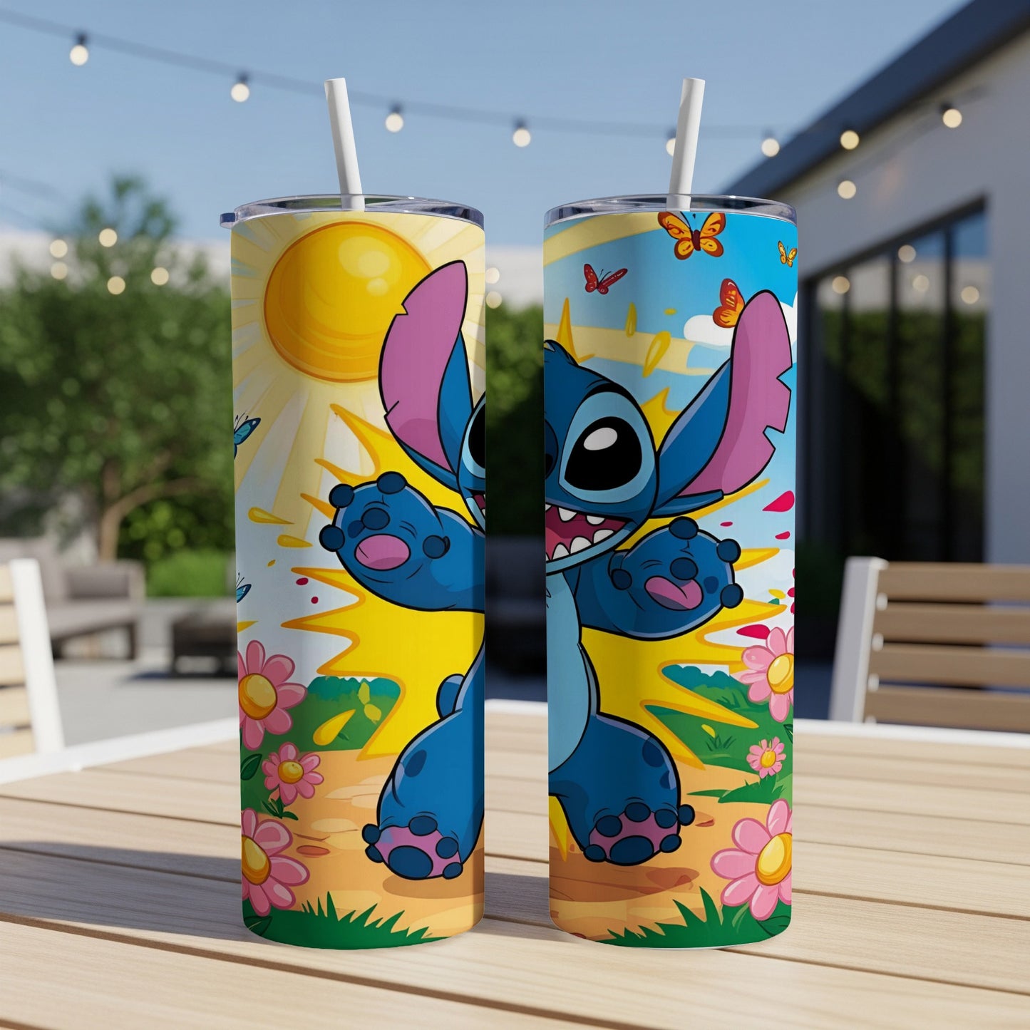 Stitch character in cartoon style with butterflies and flowers on a tumbler.
