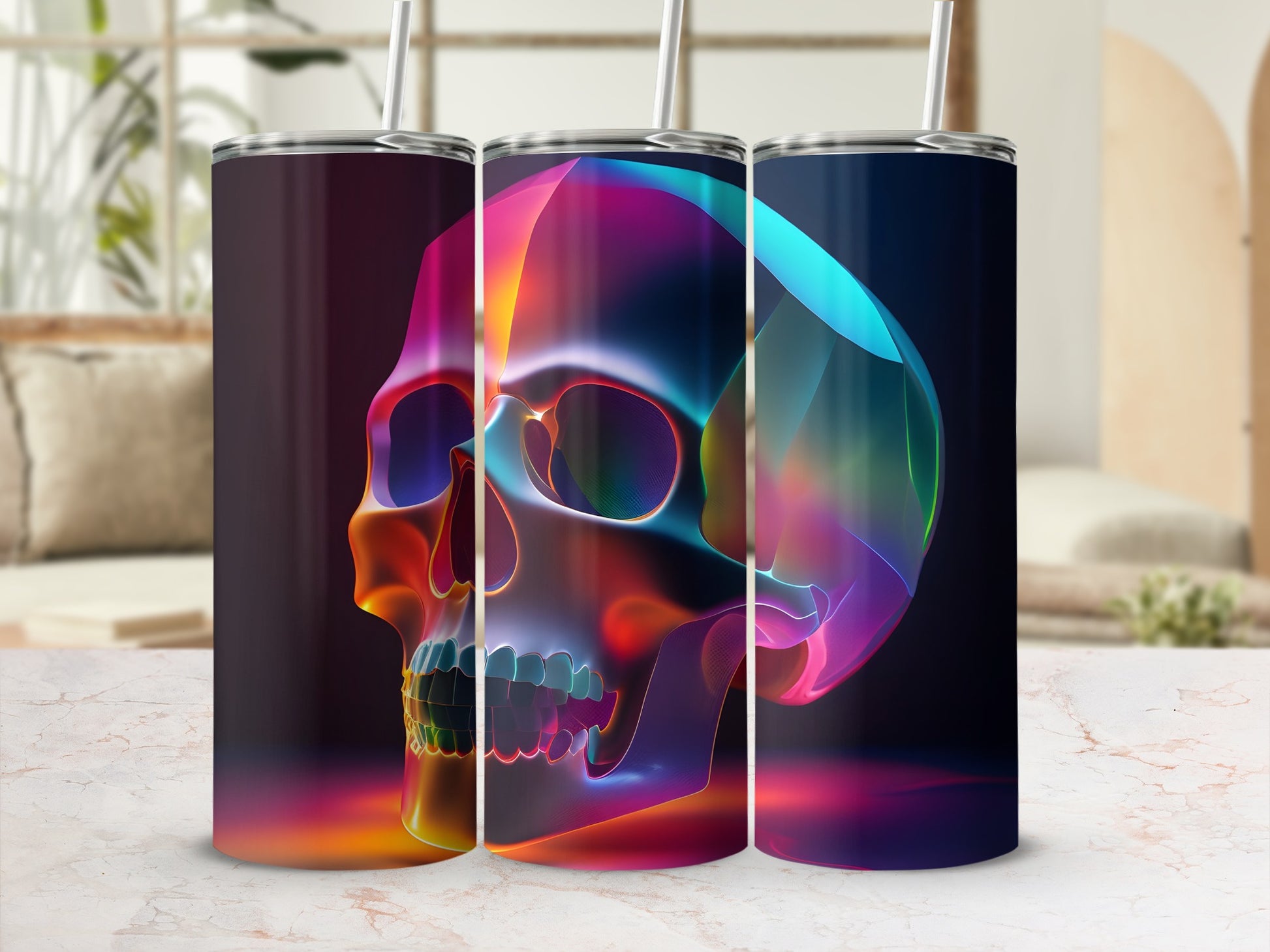Colorful, translucent skull design on a tumbler, with a straw.