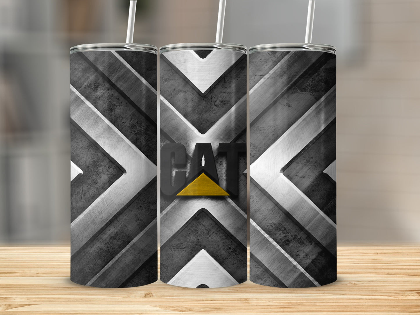 CAT Logo On Metal Grey Arrows Graphic Image Tumblers
