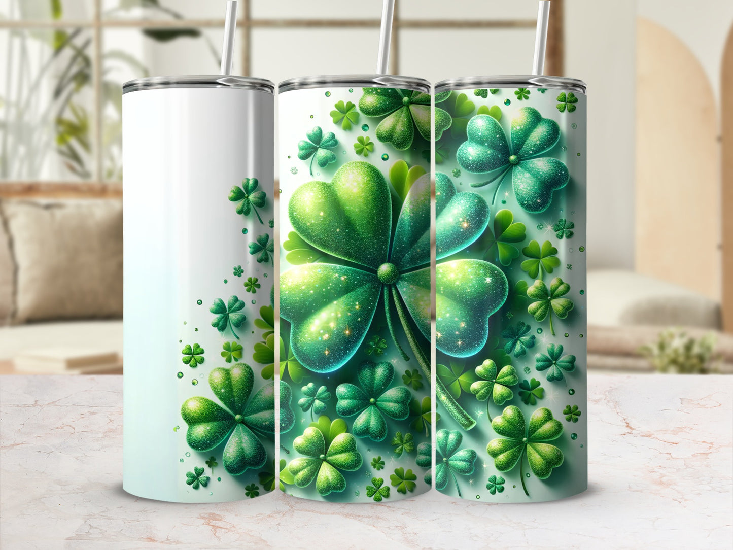 Three St. Patrick's Day tumblers with shamrock designs.