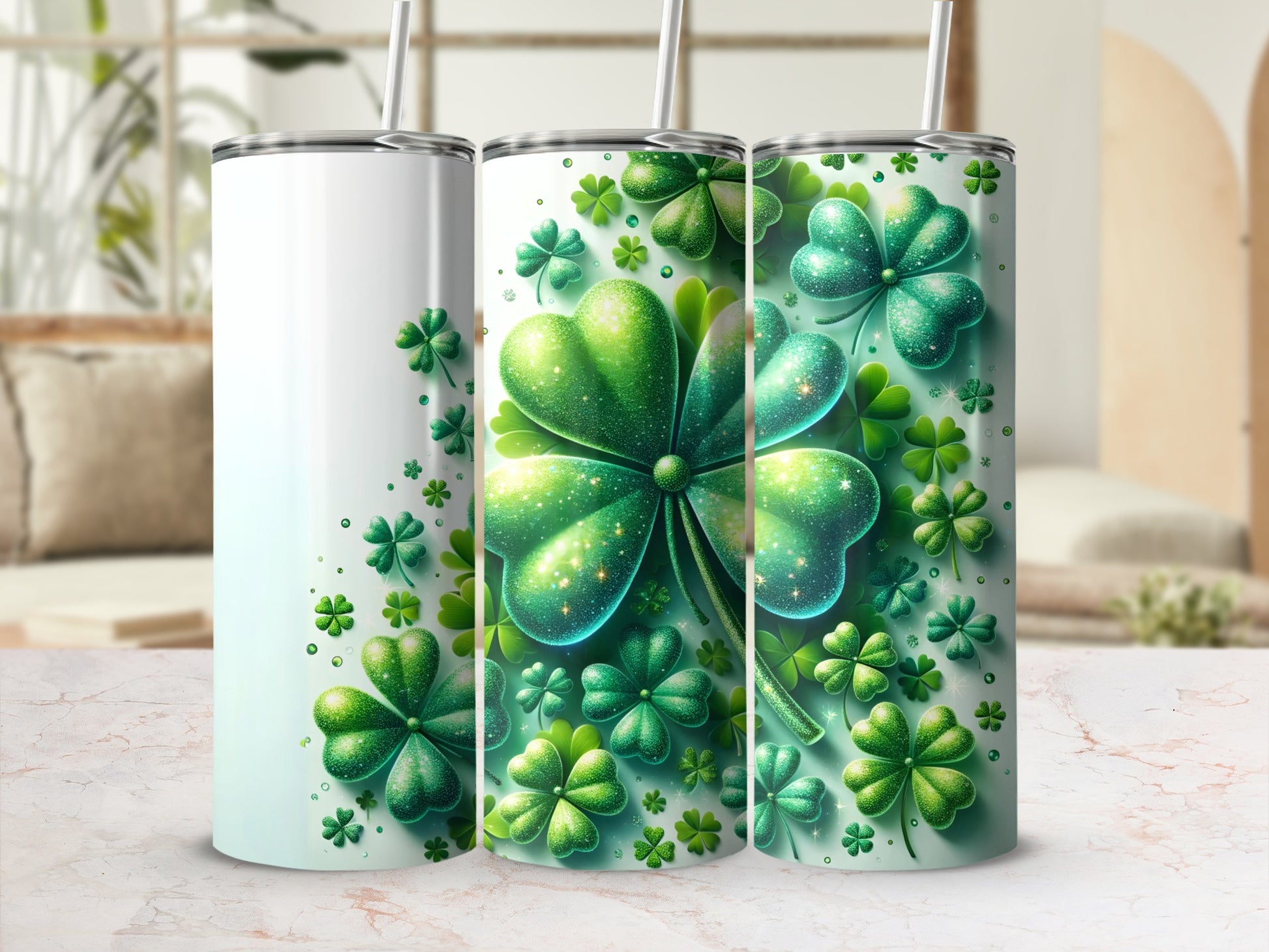 Three St. Patrick's Day tumblers with shamrock designs.