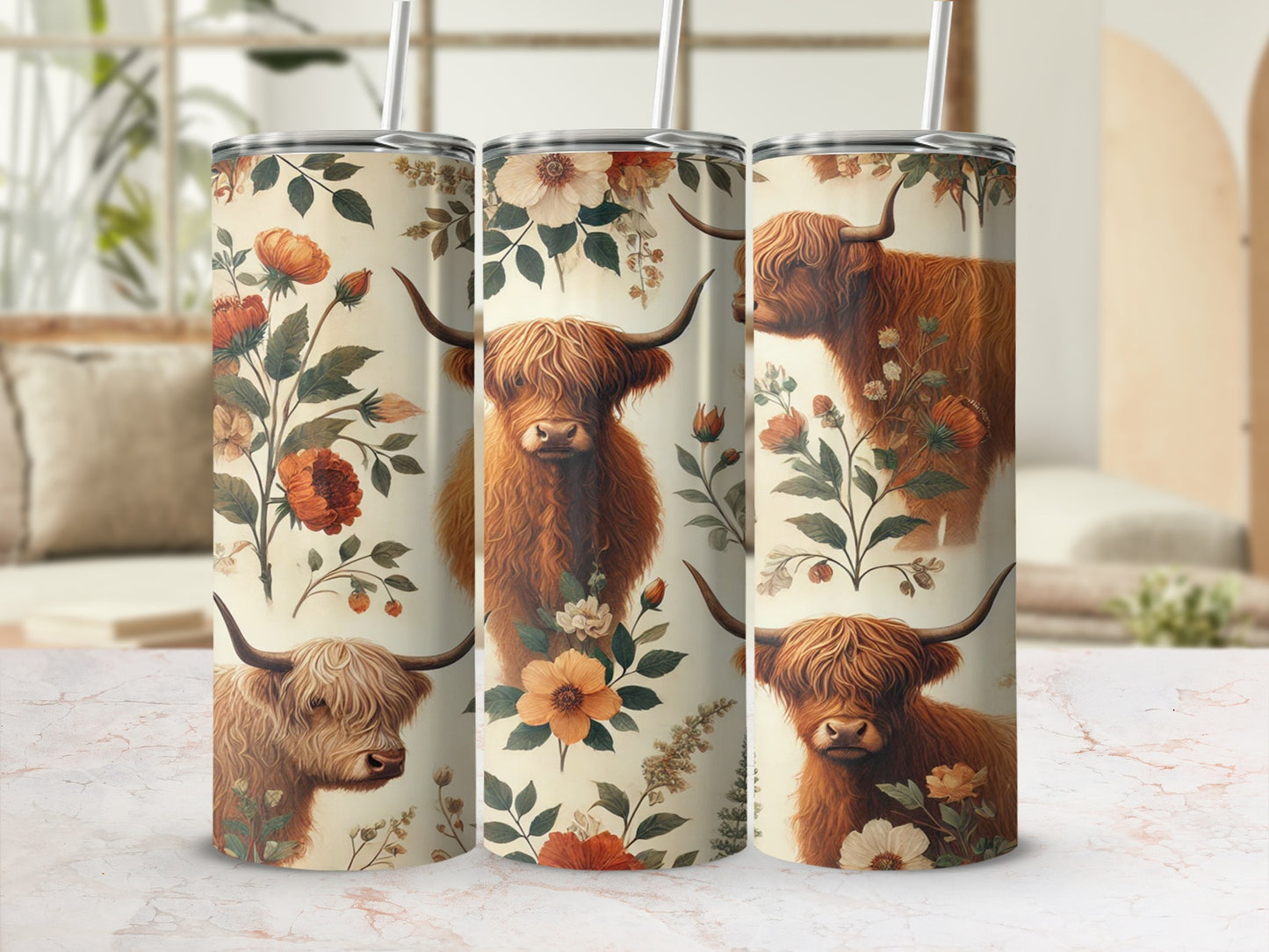 Longhorn Cow and Floral Design Insulated Tumbler