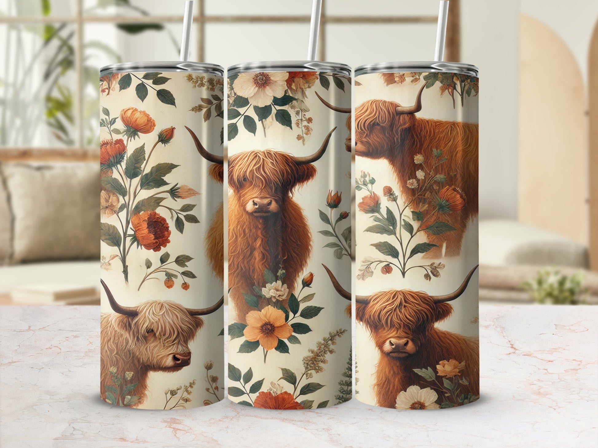 Longhorn Cow and Floral Design Insulated Tumbler