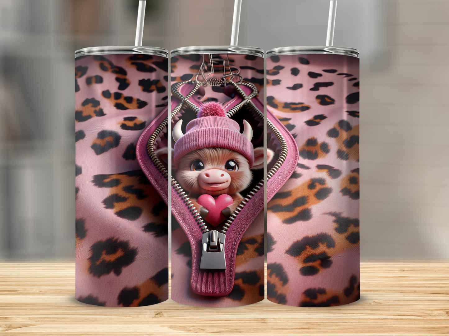 Pink leopard print tumbler with a cartoon cow peeking from a zipper.