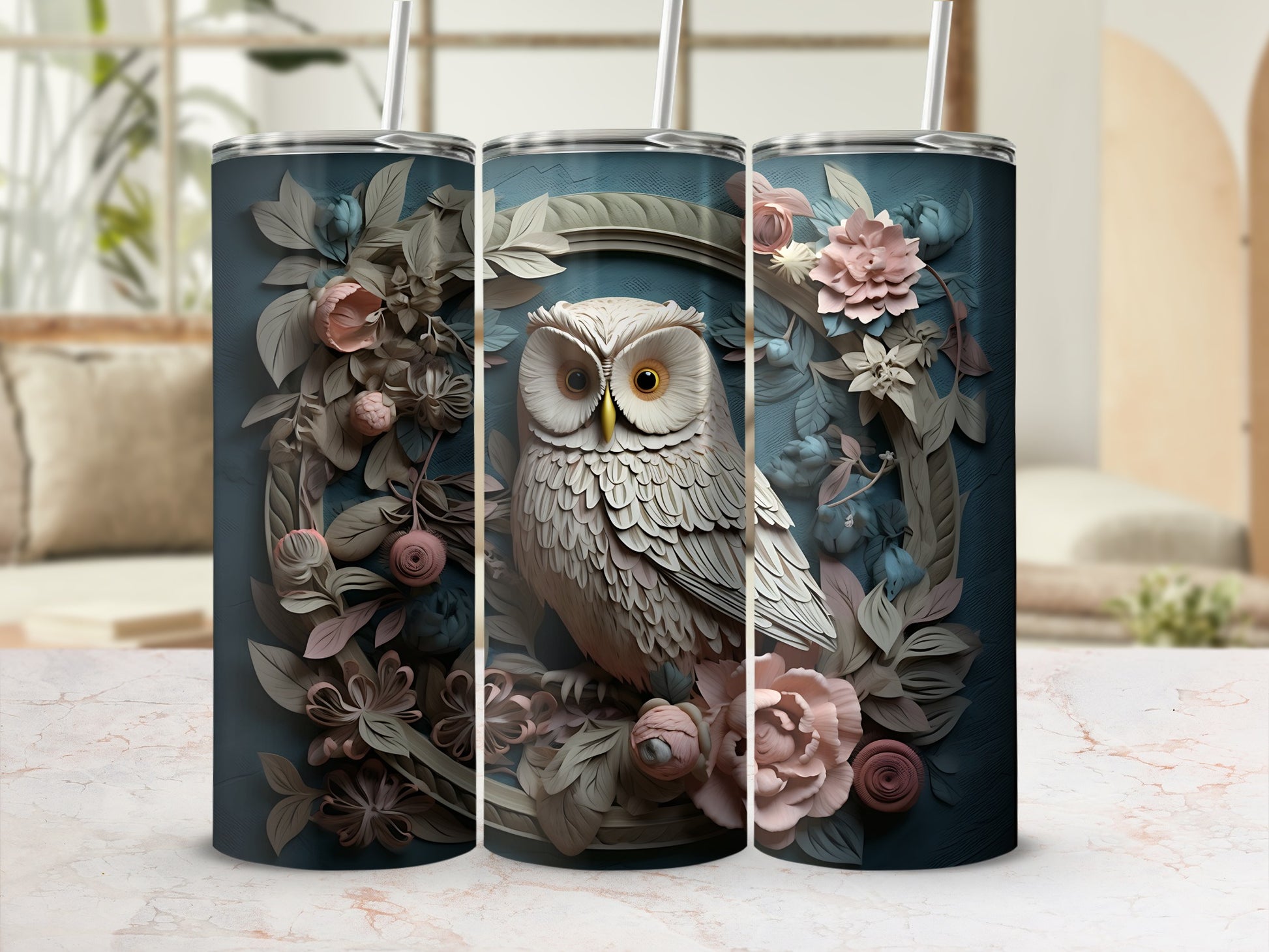Triptych of owl and floral motifs on tumblers with straw.