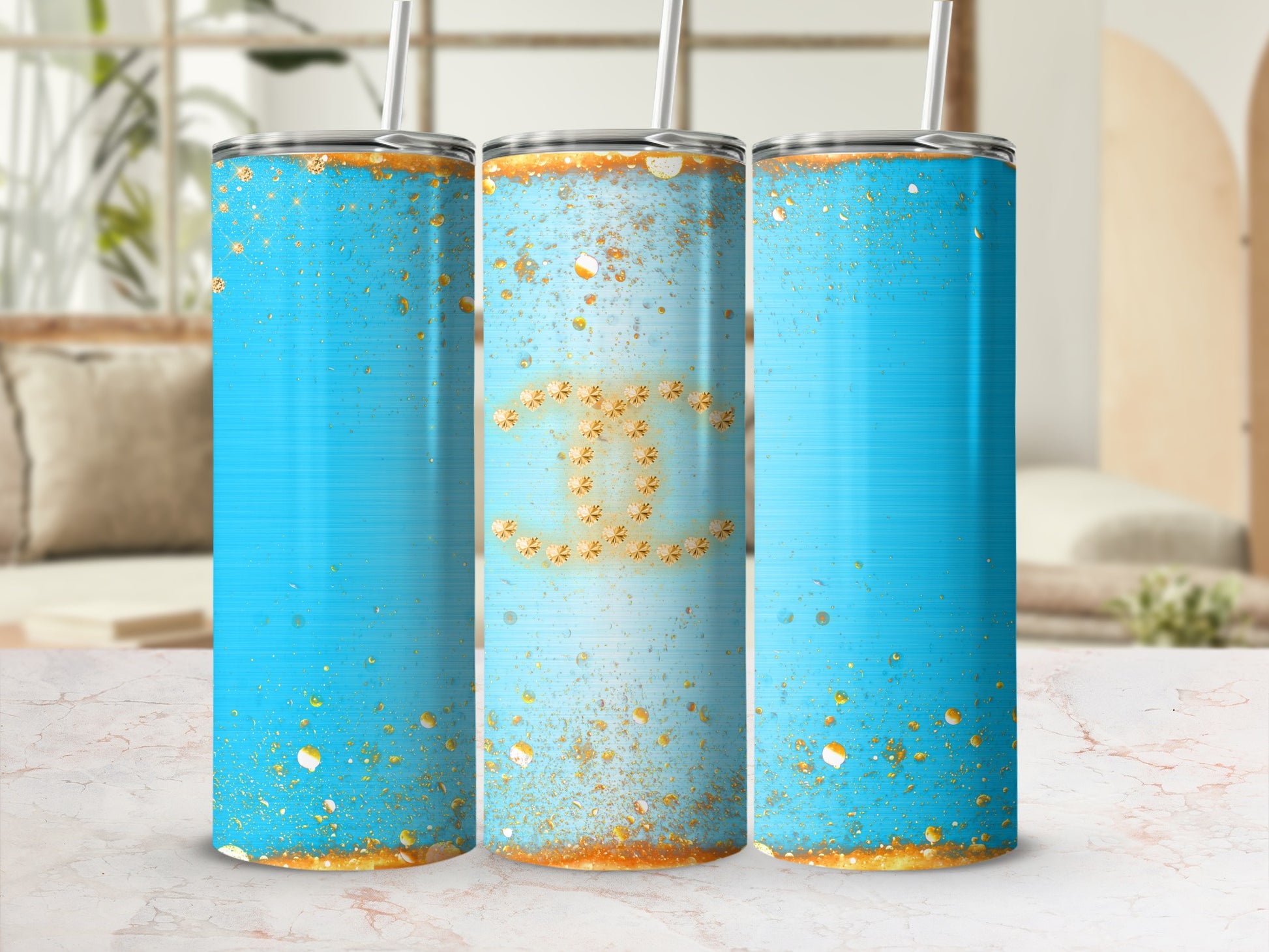 Blue and Gold Glitter Tumbler with Straw Tumbler