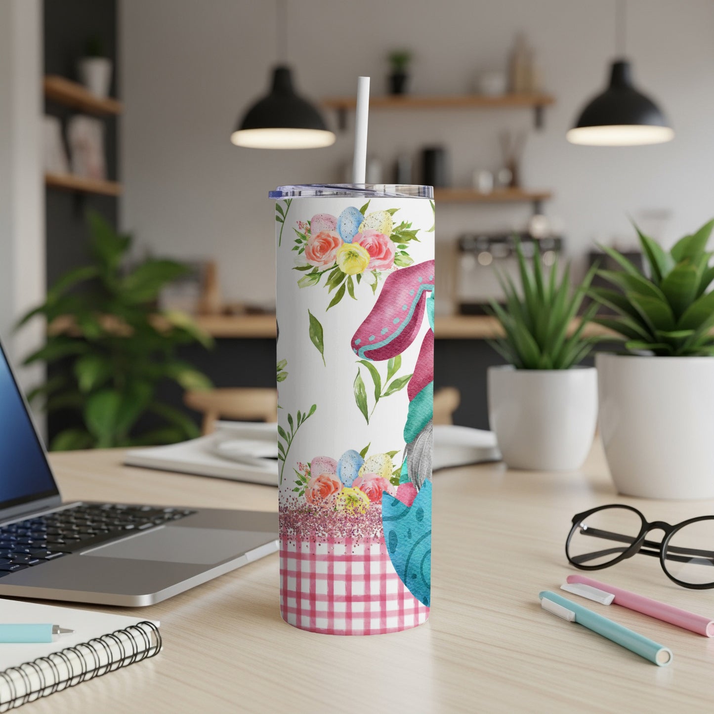Easter bunny tumbler with flowers and gingham pattern.