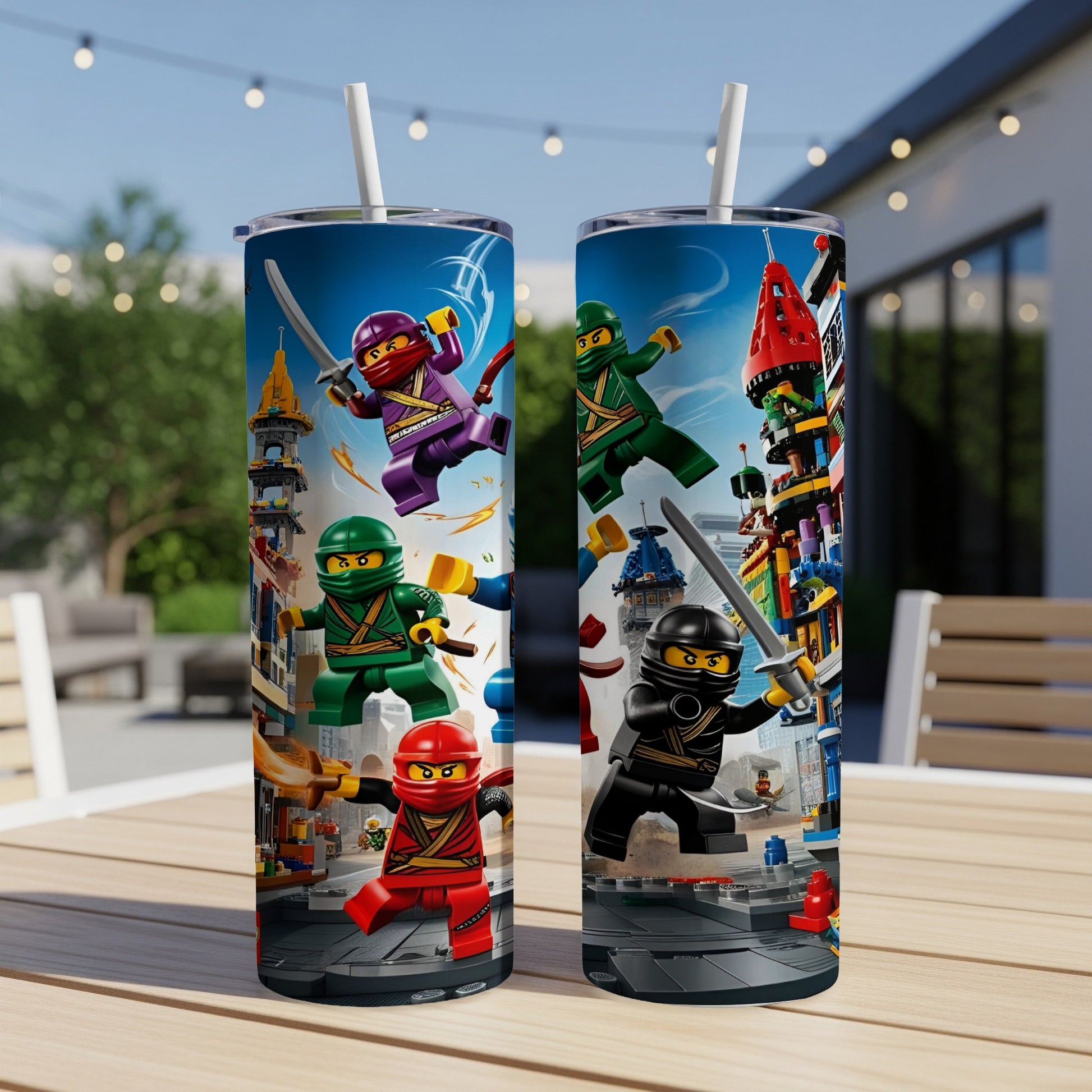 Two tumblers featuring LEGO Ninjago characters and buildings.